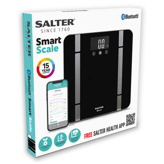 Black digital bathroom scale with Bluetooth and smartphone app screen shown