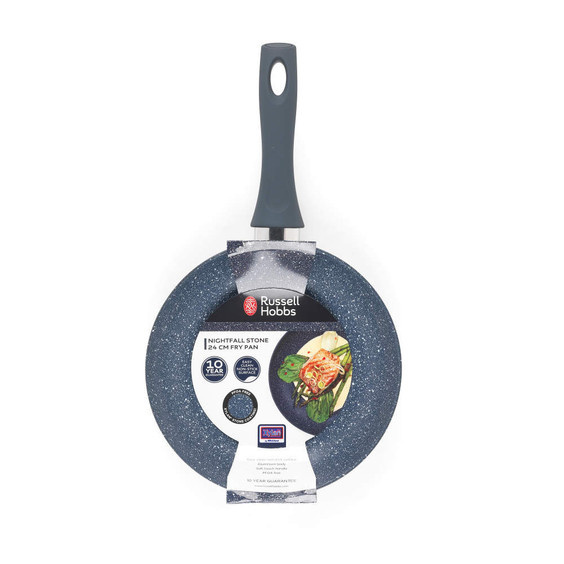Russell Hobbs blue 24cm non-stick fry pan, Nightfall Stone range, shown in retail packaging