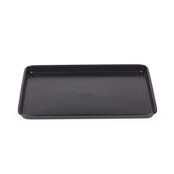 Black non-stick baking tray shown from above