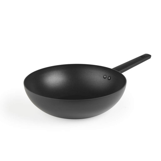 Black non-stick wok with long handle, shown on white background