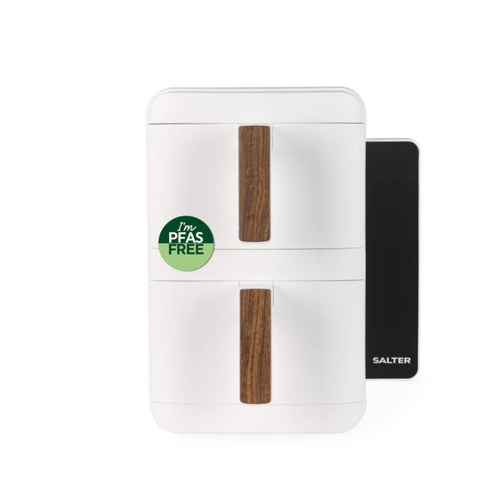 White double air fryer with wood-effect handles, PFAS free, Salter branding visible