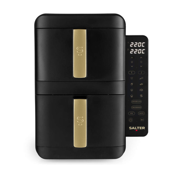 Black and gold dual drawer air fryer with digital control panel, front view