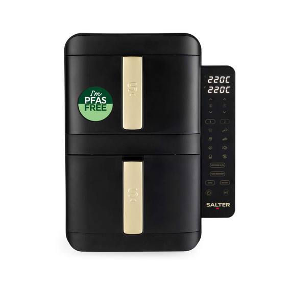 Black and gold double air fryer with digital display, PFAS free badge.