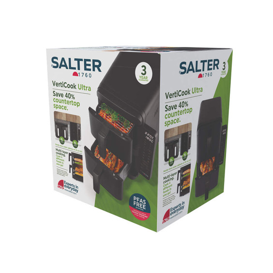 Salter VertiCook Ultra air fryer retail box showing product and key features