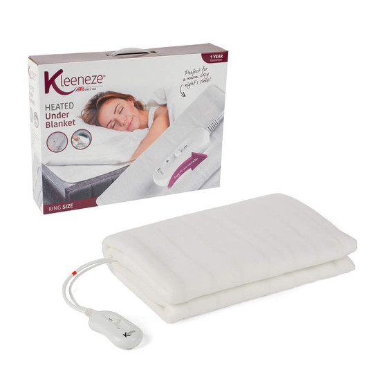 King size heated under blanket in white with controller, shown beside retail packaging.