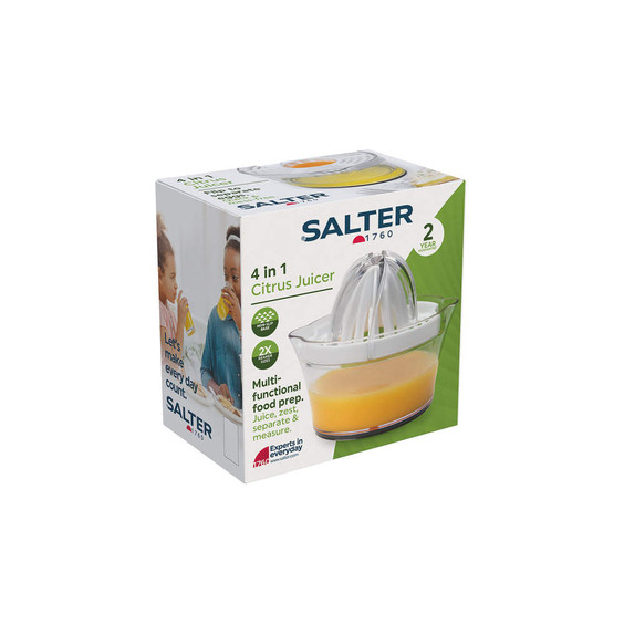 Salter 4 in 1 citrus juicer retail box with image of juicer and orange juice