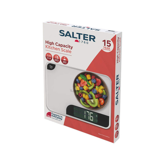 Salter high capacity kitchen scale retail box, shows scale with bowl of fruit