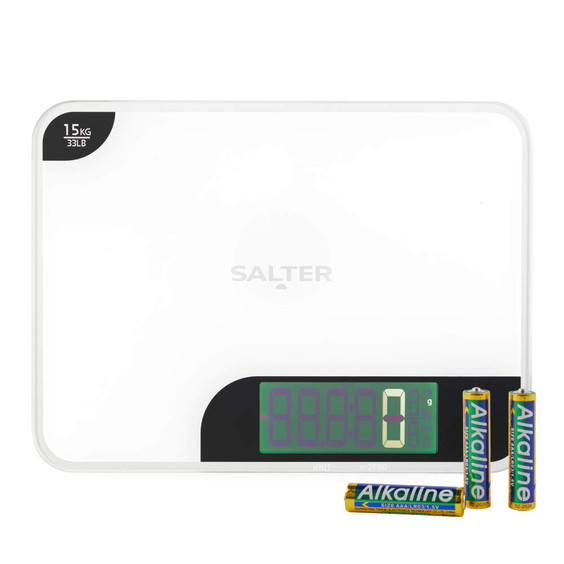 White digital kitchen scale with large display and three AAA batteries