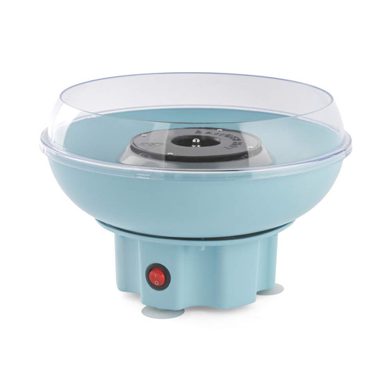 Blue candyfloss maker with clear lid, shown on white background