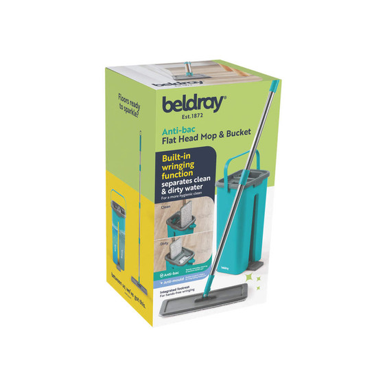 Boxed flat head mop and bucket set, turquoise colour, with anti-bac and wringing feature.