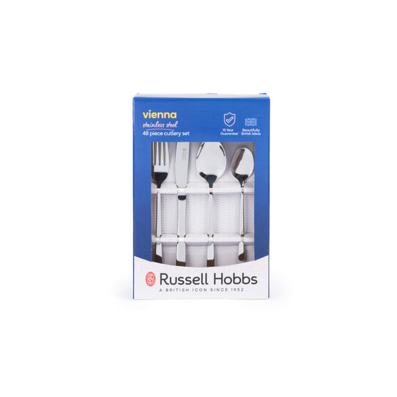 Stainless steel 48 piece cutlery set in blue Russell Hobbs box, showing fork, knife and spoons.