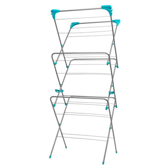 Three-tier silver clothes airer with blue plastic joints, shown standing open.