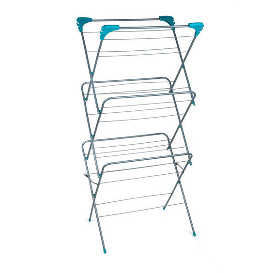 Folding clothes airer with blue plastic joints and silver frame