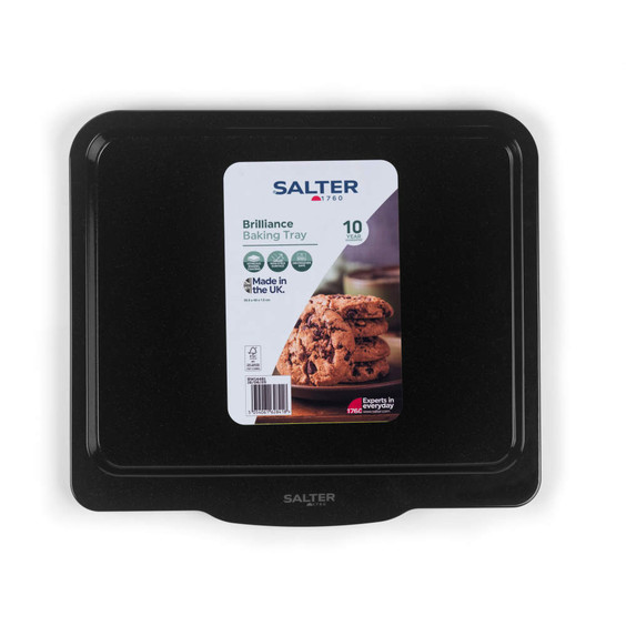 Black non-stick baking tray with Salter Brilliance packaging, UK-made, shown front view.
