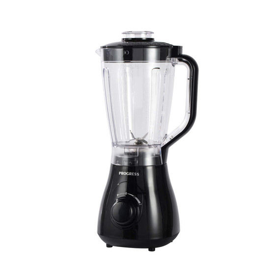 Black electric blender with clear jug, shown upright for product listing