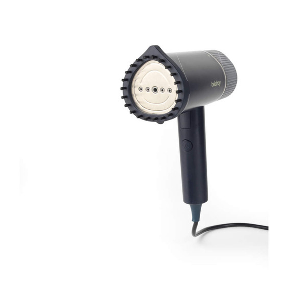 Blue handheld garment steamer, side angle showing metal steaming plate