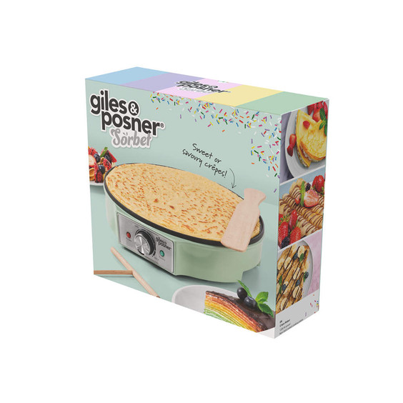 Box for Giles & Posner Sorbet crepe maker in green, showing appliance and serving suggestion photos