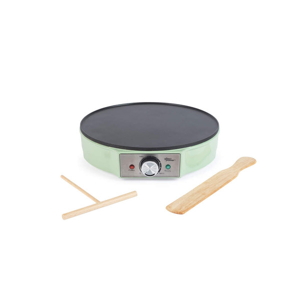 Green electric crepe maker with temperature dial, wooden spreader and spatula
