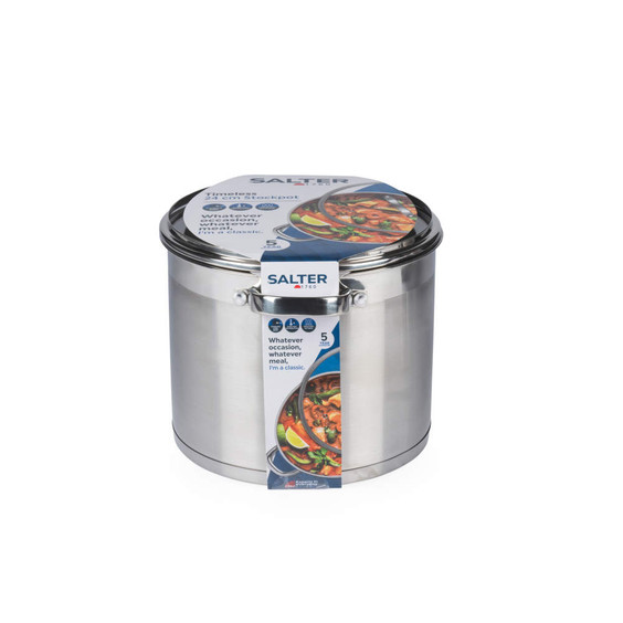 Large silver stainless steel stockpot with lid, Salter brand, 24cm size, in packaging