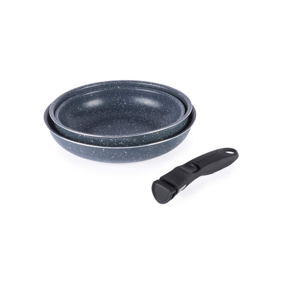 Set of two blue-grey non-stick frying pans with removable black handle