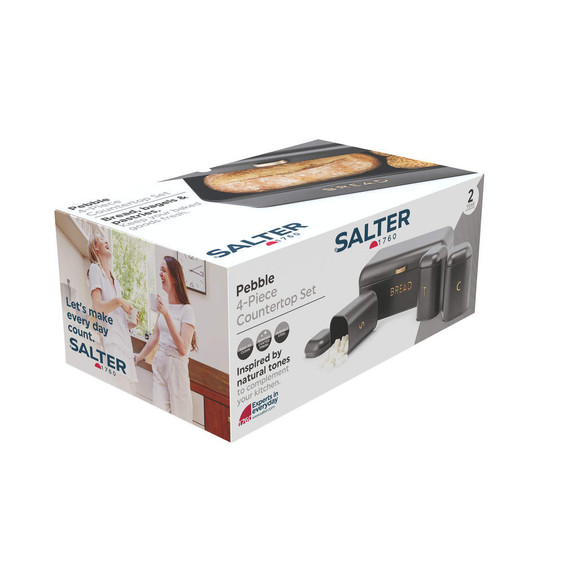 Salter Pebble 4-piece countertop set packaging showing black bread bin and canisters