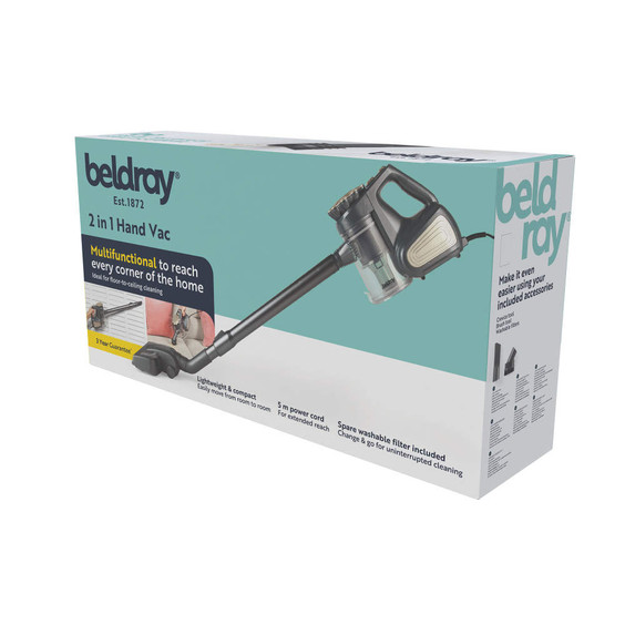 Beldray 2 in 1 hand vacuum cleaner in retail packaging, shown from front side angle