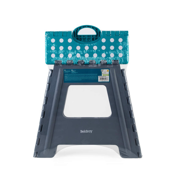 Foldable blue and grey step stool, shown upright and packaged
