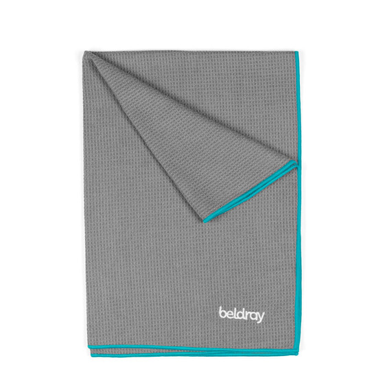 Grey microfibre cleaning cloth with turquoise trim, folded corner, beldray logo embroidered