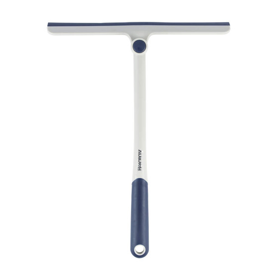 Blue and white window squeegee with hanging hole, shown on white background