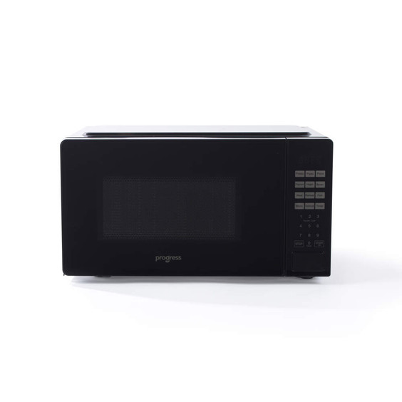 Black digital microwave oven with keypad, front view
