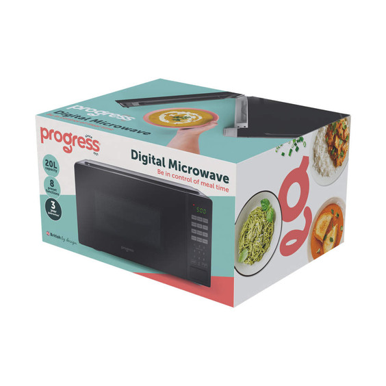 Progress digital microwave in black, 20L capacity, retail packaging angled view