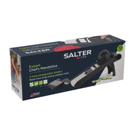 Chef’s mandoline slicer with 4 interchangeable blades in black, packaging view