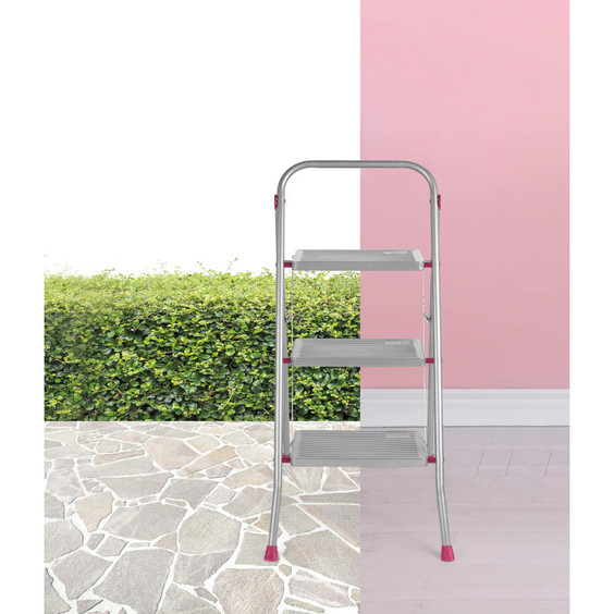 Three step grey folding ladder with pink feet, suitable for indoor and outdoor use