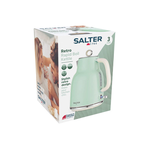 Salter Retro Rapid Boil Kettle, pastel green, boxed packaging