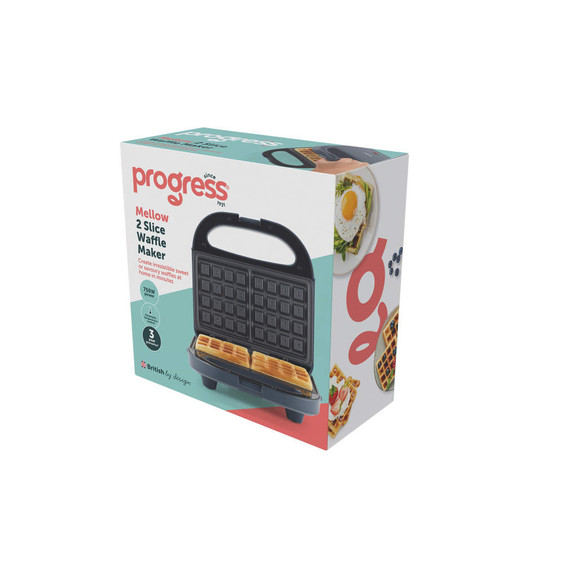 Progress Mellow 2 slice waffle maker packaging showing product image and features