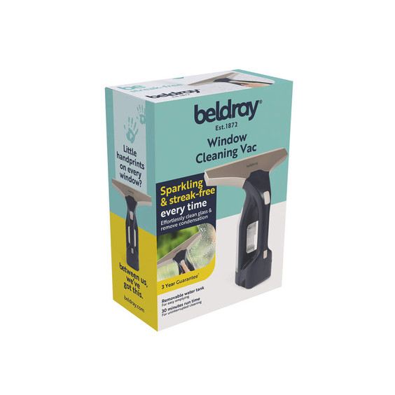 Beldray window cleaning vac boxed, shown on angled product packaging shot