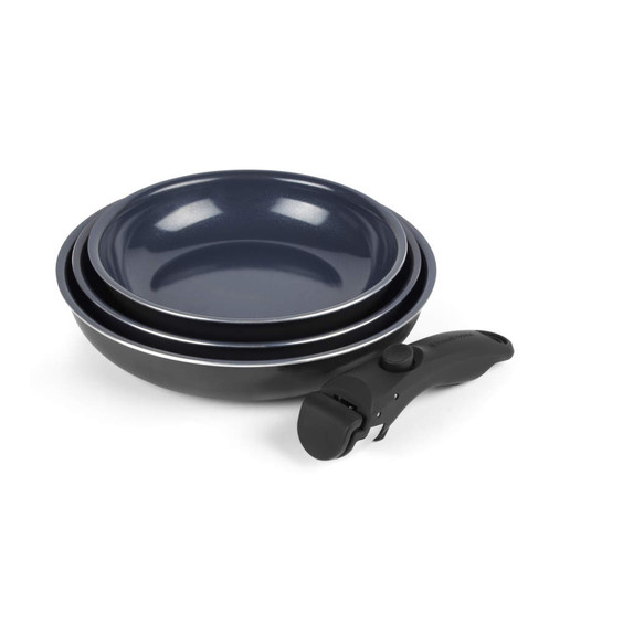 Set of three blue non-stick frying pans with removable black handle