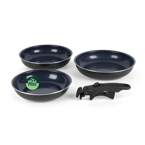 Set of three blue non-stick frying pans with detachable handle, PFAS free badge shown