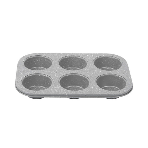 Grey non-stick 6-cup muffin tray, shown empty, angled front view