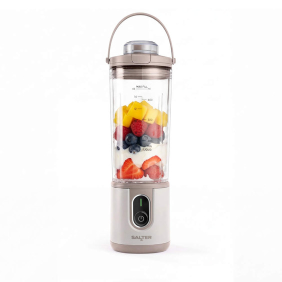 Portable blender with mixed fruit and yoghurt inside, shown upright on white background