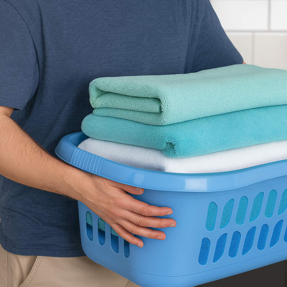 Blue plastic laundry basket with ventilation holes, shown side view