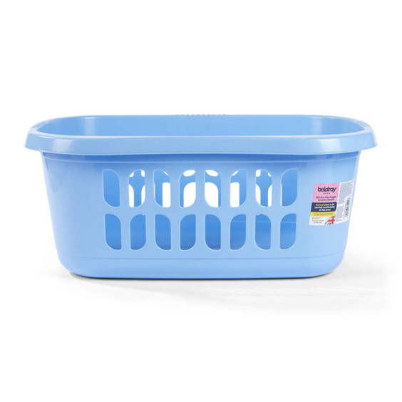 Blue plastic laundry basket with ventilation holes, shown side view