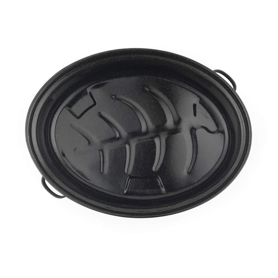 Black oval roasting pan, interior view, with handles and ribbed base