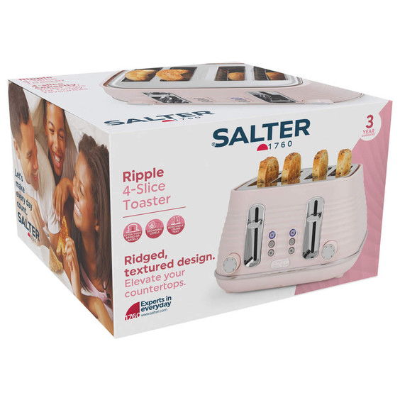 Pink Salter Ripple 4-slice toaster packaging, showing textured design and product features