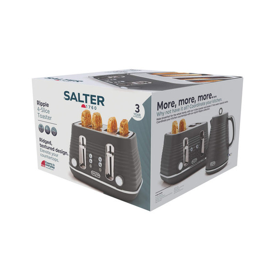 Salter Ripple 4-slice toaster box, showing ridged grey toaster and matching kettle