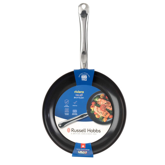 28 cm black non-stick fry pan with stainless steel handle, shown in retail packaging