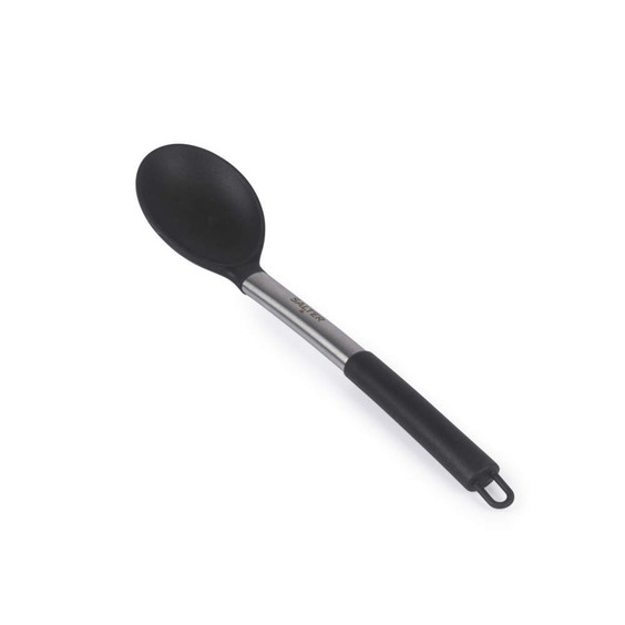 Black nylon cooking spoon with silver handle, angled for product display.