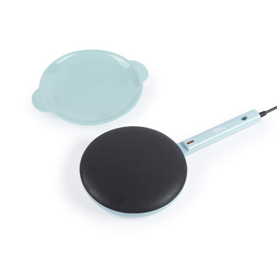 Blue electric crepe maker with non-stick hot plate and matching dipping tray