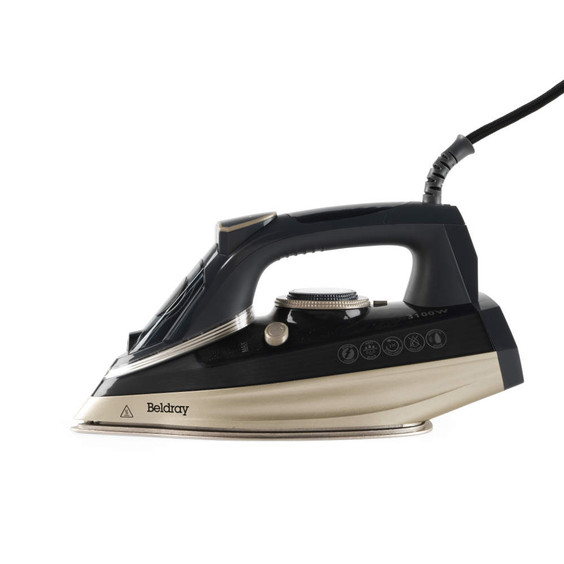 Black and gold steam iron shown side view, Beldray branding visible on base