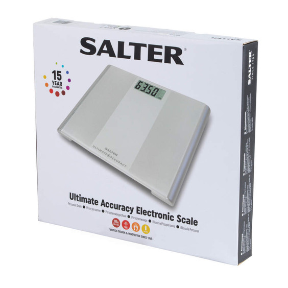 Salter white electronic bathroom scale box showing product and 15 year guarantee